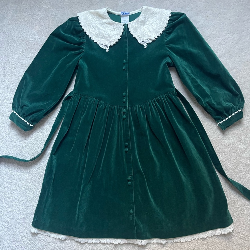 Velvet 100% cotton children’s dress, puff sleeves, lace, Peter Pan collar